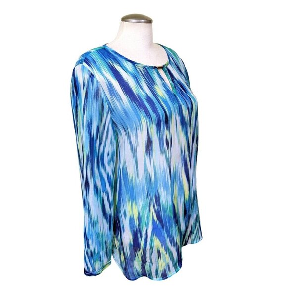 Chicos Womens 3 US XL Sheer Blouse Tunic Blue Tie Dye Stripe Keyhole Long Sleeve - Picture 2 of 7